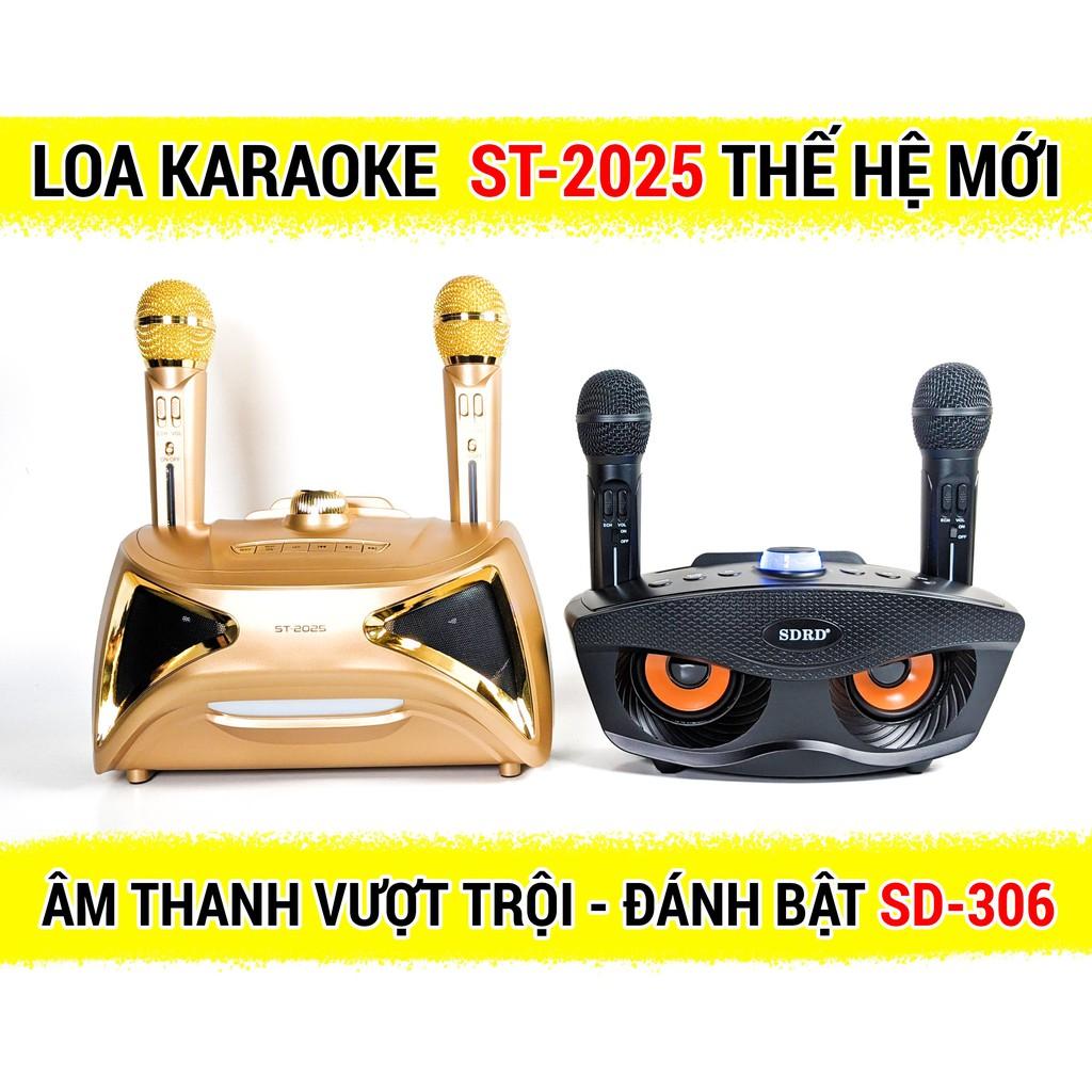 Loa bluetooth xách tay karaoke ST 2025 bass đôi đèn led 7 màu, âm thanh sống động. Tặng kèm 2 micro không dây