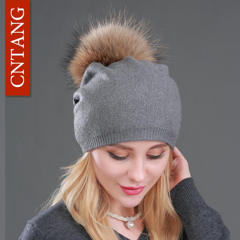 MÙA THU ĐÔNG Len Dệt Kim Mũ Nam Nữ Thời Trang Pompon Beanies Mũ Lông Thú Nữ Ấm Áp Viên Có Đá Tự Nhiên Gấu Trúc Lông Thú mũ Lưỡi Trai - one