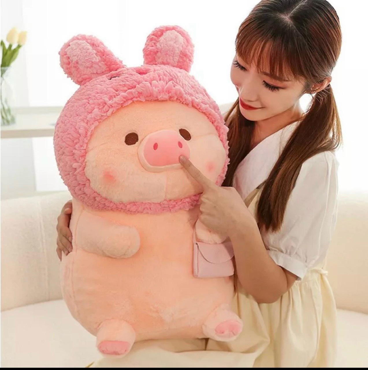 Gấu bông heo LULU mũ len nhiều màu sắc, có túi xách dễ thương, đủ size, siêu mềm mịn