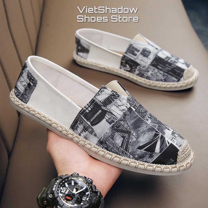 Giày lười vải nam in họa tiết - Slip on nam đế cói - Chất liệu vải bố cotton 2 màu đỏ và xám - Mã 2951