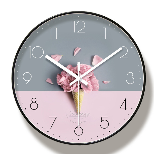 Đồng hồ treo tường kim trôi phong cách Bắc Âu - hình kem hoa hồng - Tặng kèm Pin và Đinh Treo Thông Minh