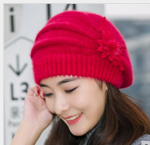 Mũ len nữ lông thỏ gắn hoa đơn phong cách Hàn Màu đỏ