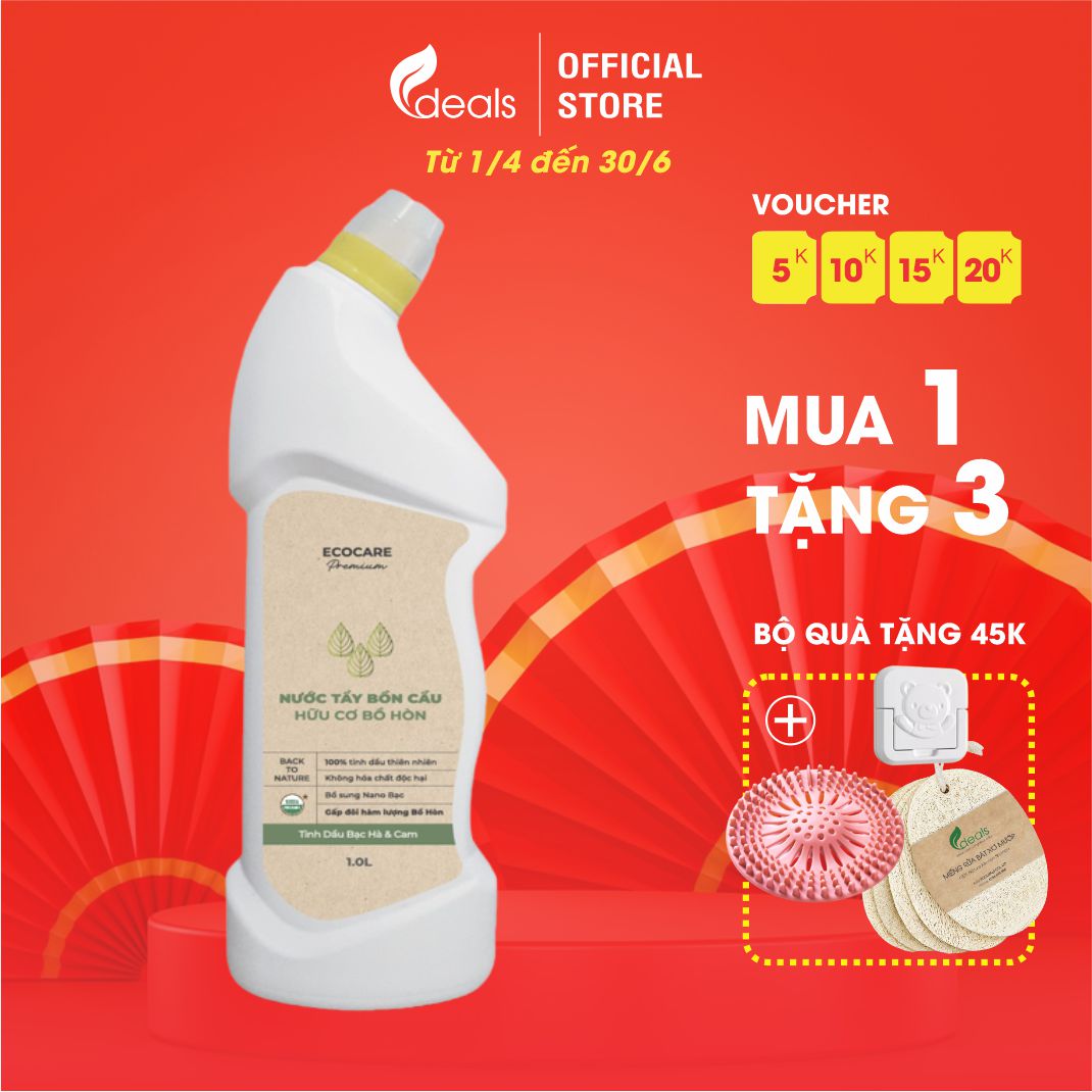 Nước tẩy rửa bồn cầu cao cấp Ecocare tinh dầu Bạc Hà & Cam 1L - Tẩy sạch vết ố vàng, diệt vi khuẩn, khử mùi