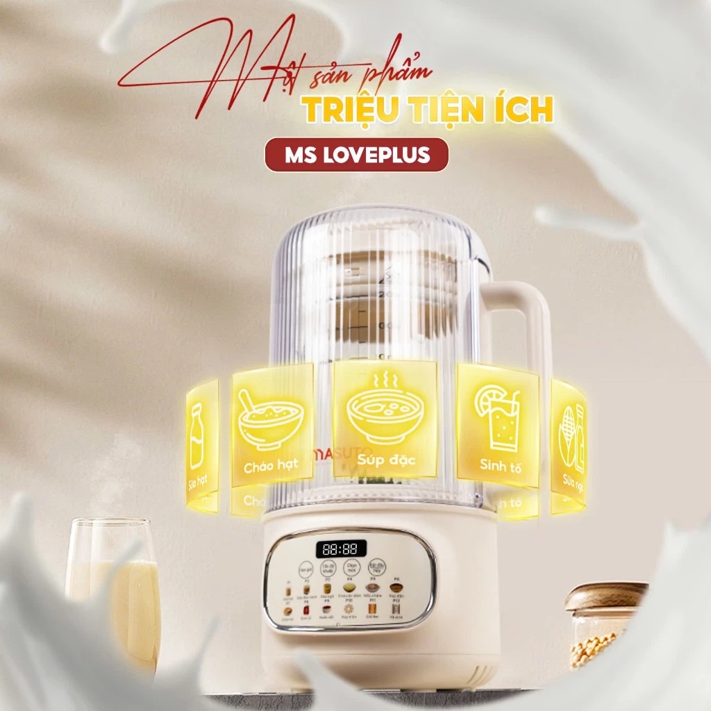 Máy làm sữa hạt thủy tinh chống ồn Masuto MS Love Plus dung tích 1,2L có hẹn giờ 12 chế độ nấu - Hàng chính hãng