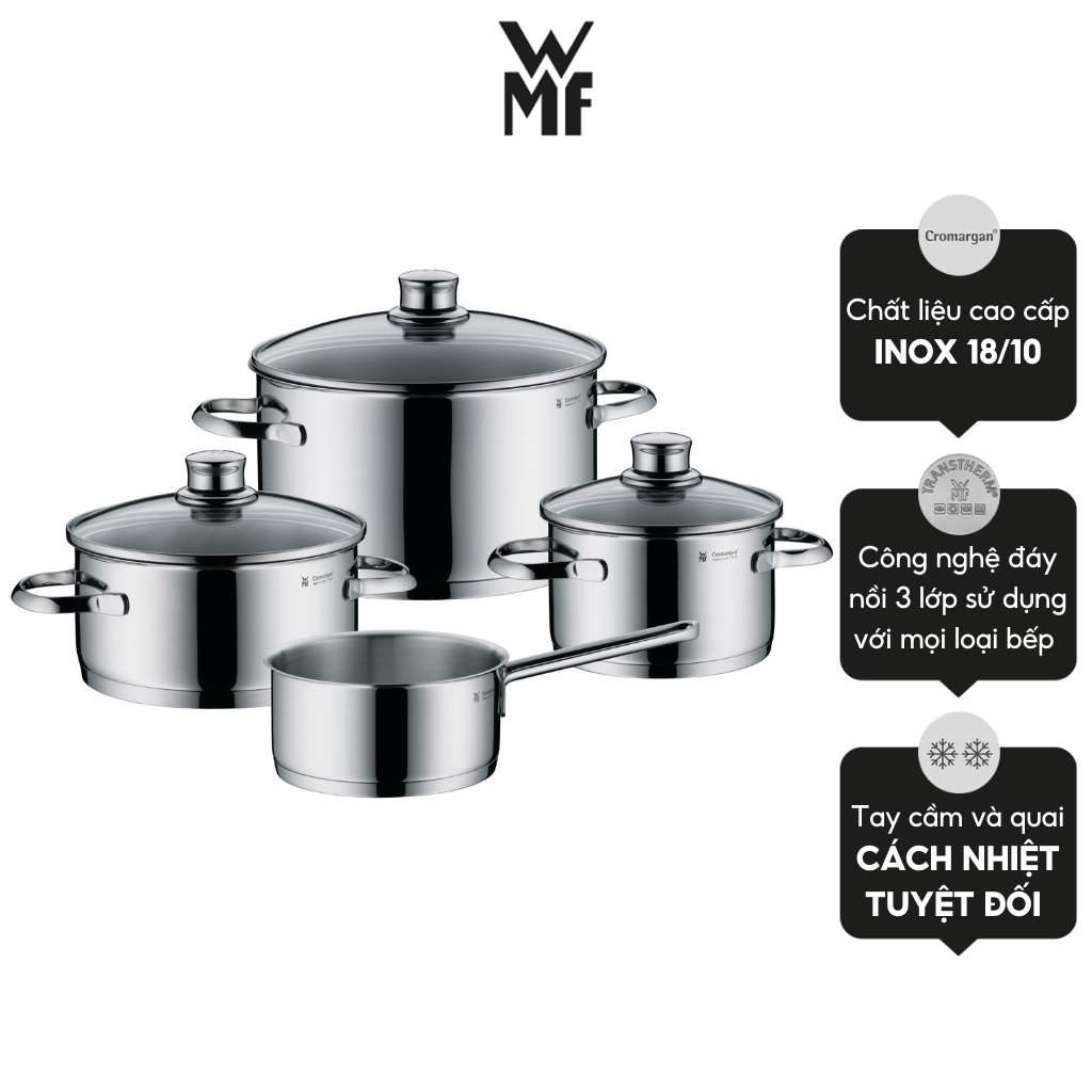 Bộ Nồi Đáy Từ WMF Saphir 4 Món Cookware Set Đáy 3 Lớp Nguyên Khối Dùng Cho Mọi Loại Bếp Size 24,20,16,16cm - 0725116380