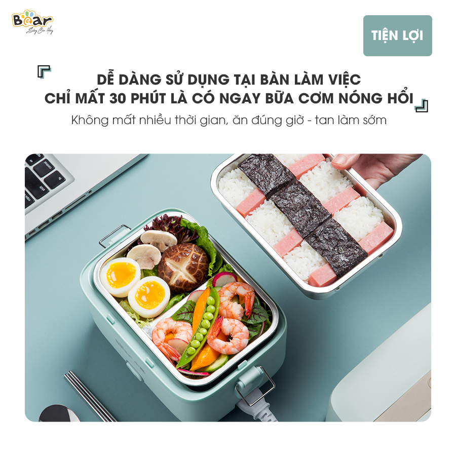 Hộp Cơm Cắm Điện Bear 2 Tầng 3 Ngăn Hâm Nóng Cực Nhanh Inox 304 An Toàn Tuyệt Đối Chống Trào 1,2L SB-HC12L