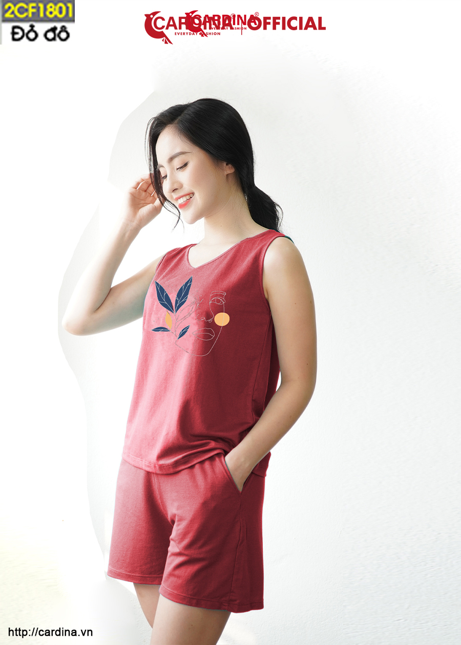 Đồ Bộ Nữ CARDINA Chất Cotton Nhật Cao Cấp Quần Đùi Áo Sát Nách Co Giãn In Lá 2CF18