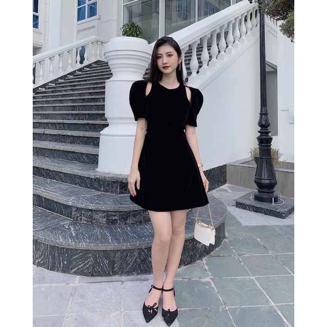 Đầm nhung khoét vai 2 màu sang chảnh