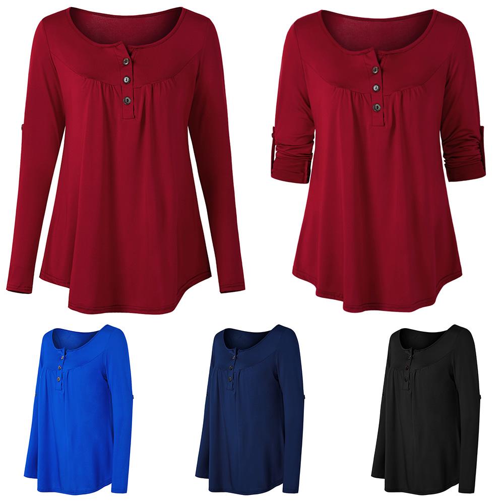 Women Plus Size T-shirt Long Sleeves Buttons Pleated Solid Blouse Casual Tops M-5XL for Lounging Streets Holiday