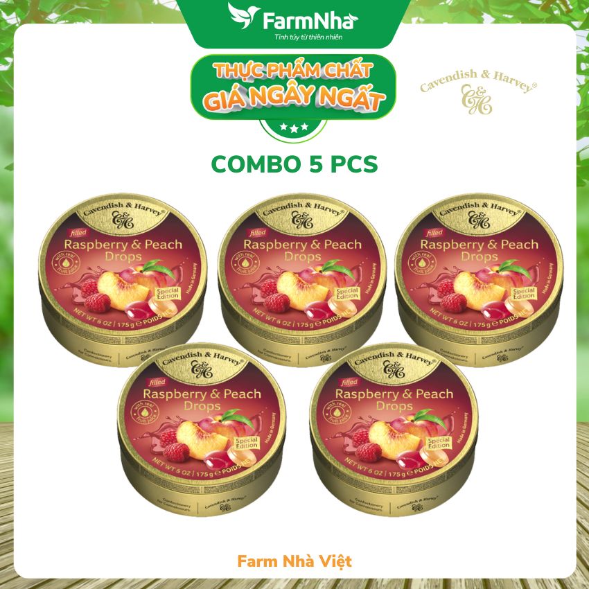 (Combo 5 hộp) Kẹo trái cây Cavendish &amp; Harvey vị Raspberry &amp; Peach 175gr - Hương vị tự nhiên tuyệt vời từ Đức