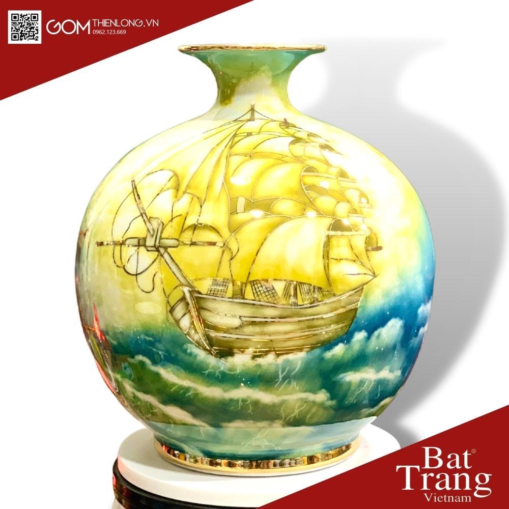 Bình Hút Lộc Sen Hồng Thuận Buồm - Vẽ Vàng 3D Hàng Kỹ - Bình Hút Tài Lộc Bát Tràng - Gốm Thiên Long