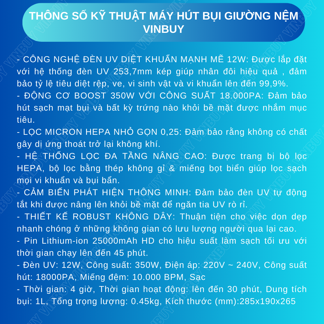 Máy hút bụi giường nệm không dây VinBuy cầm tay hiện đại diệt khuẩn đa tầng, đèn UV, lực hút mạnh 18000PA - Hàng chính hãng