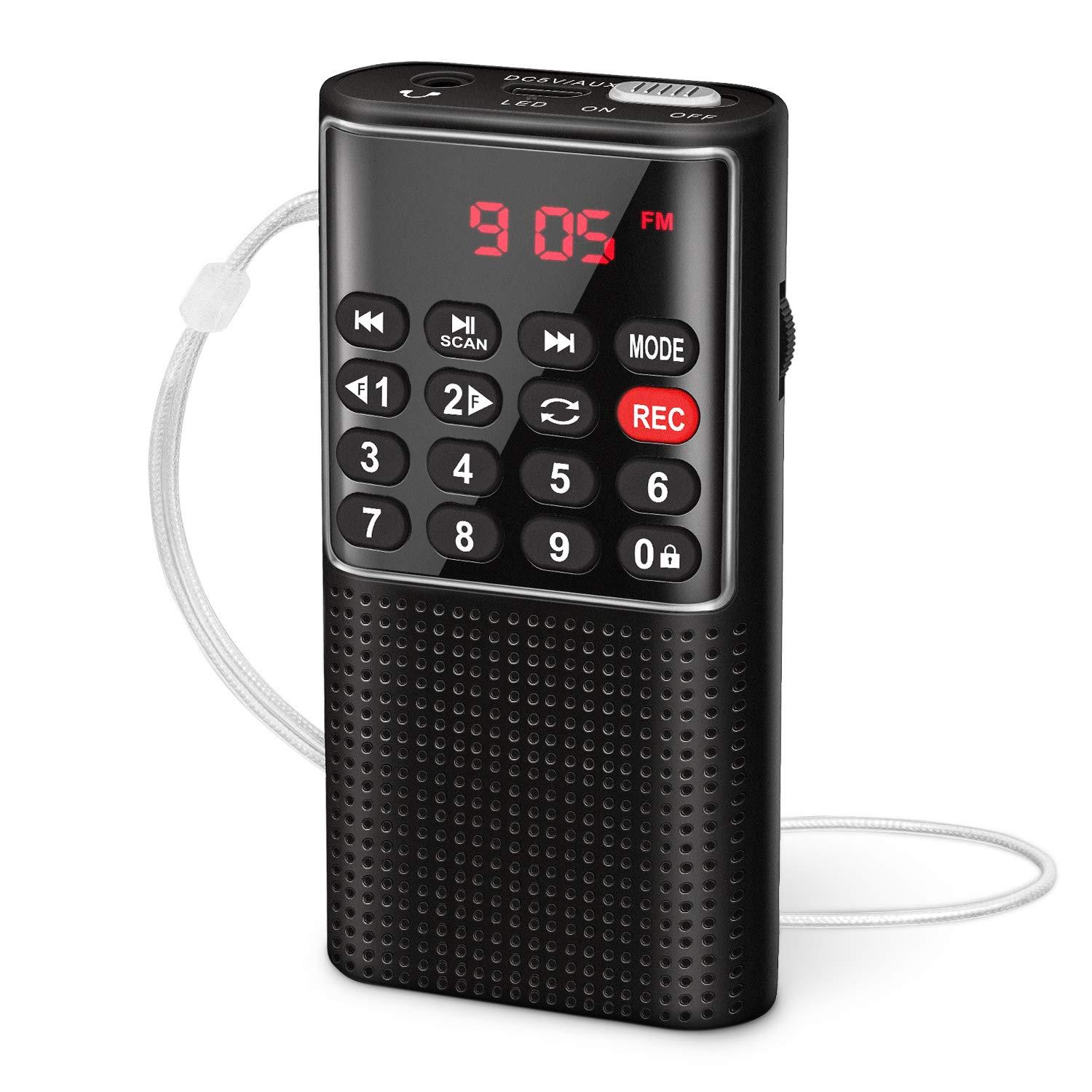 Đài phát thanh nhỏ có thể sạc lại FM di động, đài phát thanh kỹ thuật số MP3 với máy ghi âm, SD/TF/AUX, pin di động với pin có phím khóa để chạy bộ, đi bộ, du lịch