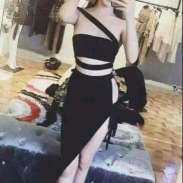 đầm body chéo vai xẻ tà cột nơ sexy