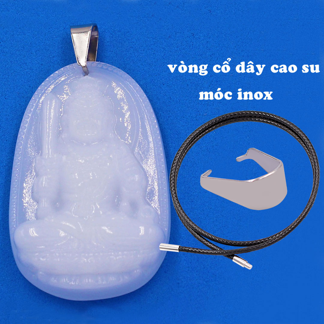 Mặt Phật Bất động minh vương đá thạch anh trắng 5 cm kèm móc và vòng cổ dây cao su, Mặt Phật bản mệnh size L, mặt dây chuyền Phật