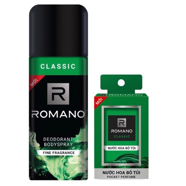 Combo Romano Classic: Xịt khử mùi toàn thân 150ml+ Nước hoa bỏ túi 18ml