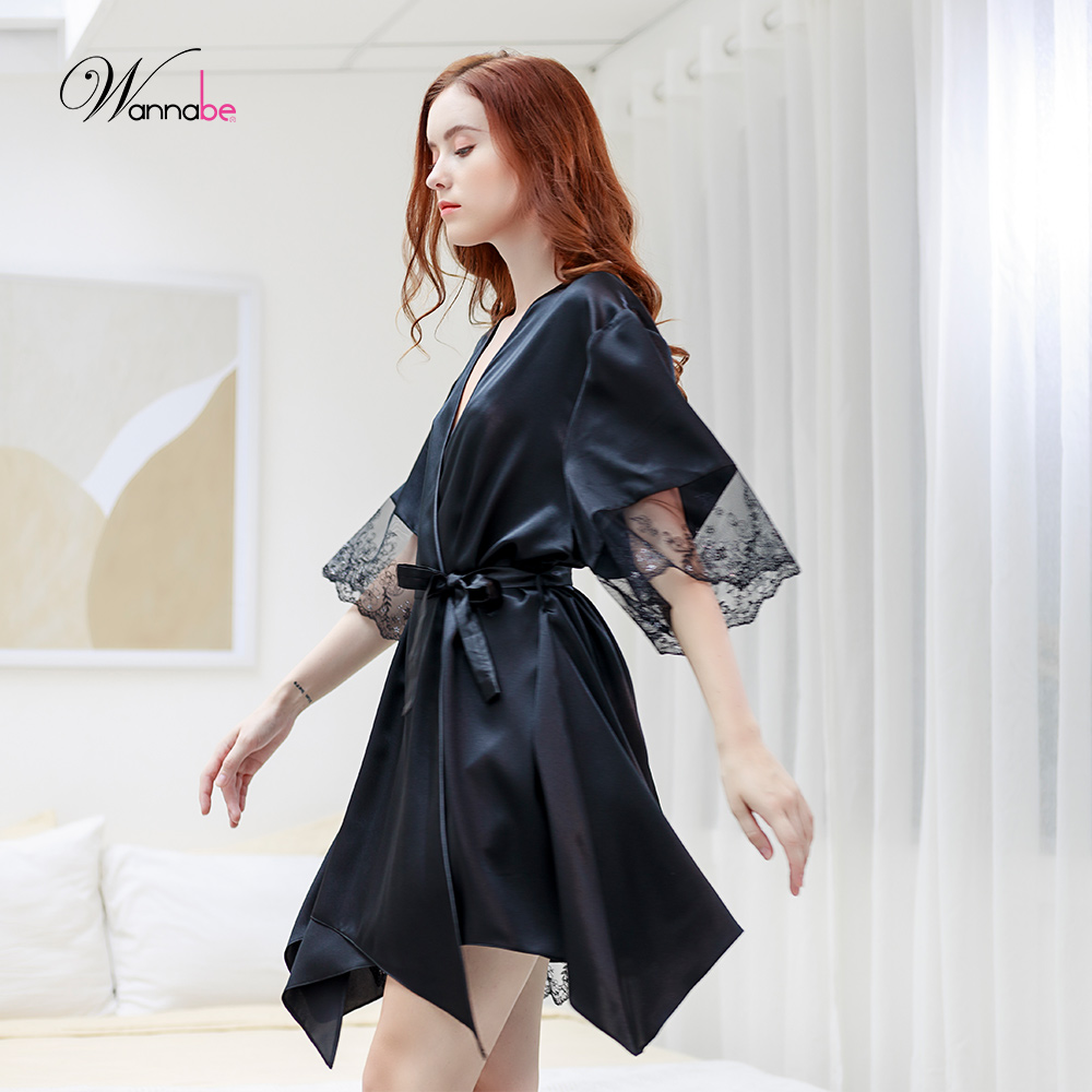 Áo choàng ngủ WANNABE KIS47 áo khoát ngủ dạng kimono tay áo phồi ren bản lớn, lai áo gợn sóng mang lại vẻ đẹp nhẹ nhàng