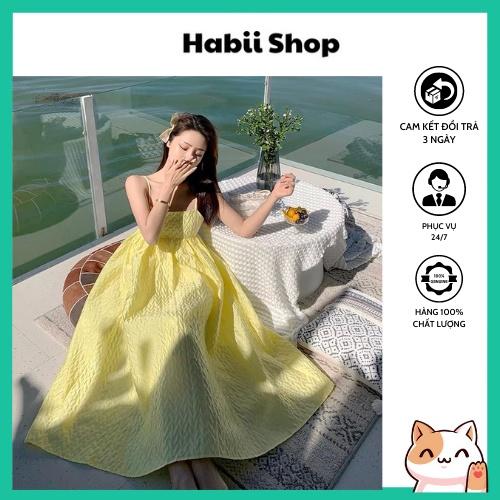 Váy maxi đi biển hai dây hở lưng dáng dài màu vàng HABII V04