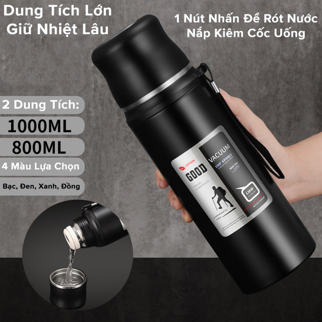 Bình Giữ Nhiệt 12 Tiếng Dáng Thể Thao Good 800 -1000ml Từ Inox 304 An Toàn Cao Cấp miDoctor – Có Nút Nhấn, Kèm Cốc