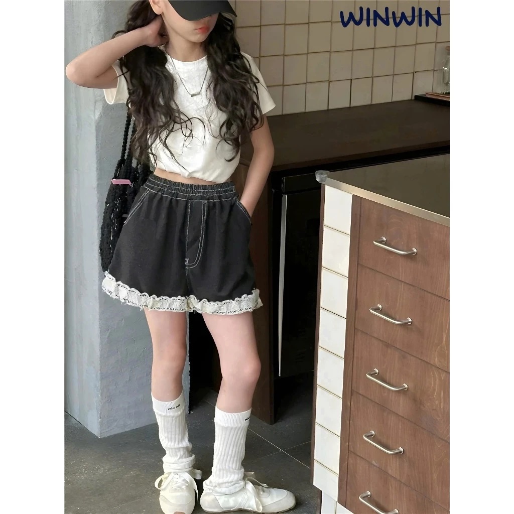 Quần Short Jean Bé Gái Phối Ren Lưng Thun Co Giãn Mềm Mại, Quần Jean Trẻ Em Đi Chơi Dễ Thương Hottrend Từ 12-45kg Dành Cho Bé Gái