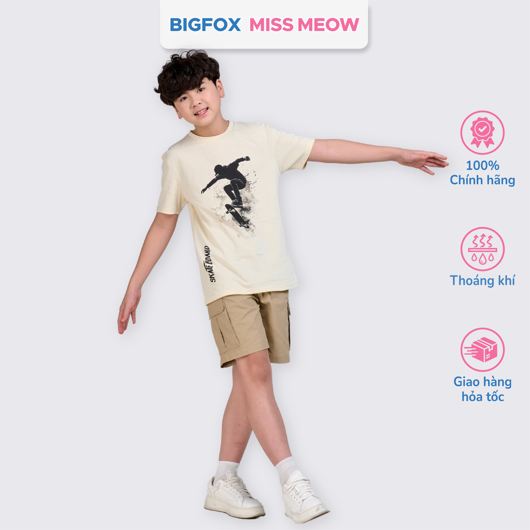 Áo cộc tay bé trai Bigfox Miss Meow size đại chất cotton in đẹp cỡ 12,13,14,15 tuổi 40kg 50kg