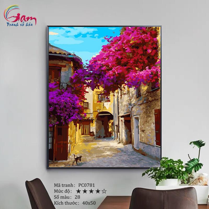 Tranh sơn dầu số hóa tô màu tự vẽ phong cảnh góc phố cổ hoa giấy Provence PC0781