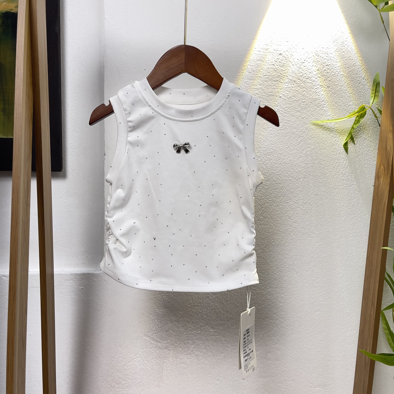 Áo sát nách bé gái sành điệu 1-8 tuổi đính đá và nơ vải cotton co giãn thấm hút mồ hôi kiểu dáng thời trang