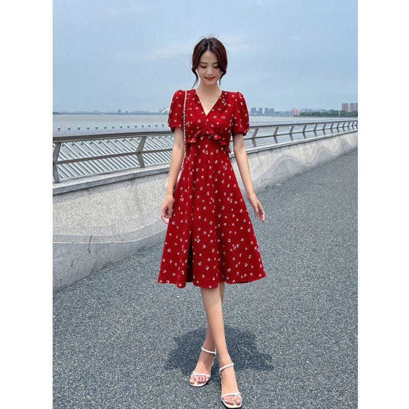TOBE1SHOP Váy chiffon hoa nhỏ cho phụ nữ 2023 mùa hè Pháp màu đỏ khí chất cao eo mỏng váy