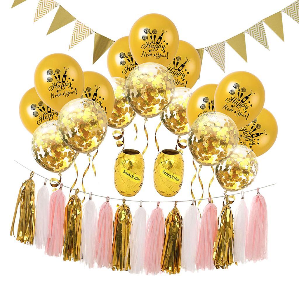 Happy New Year Balloon Tassel Bunting Banner Set Party Decoration Gold