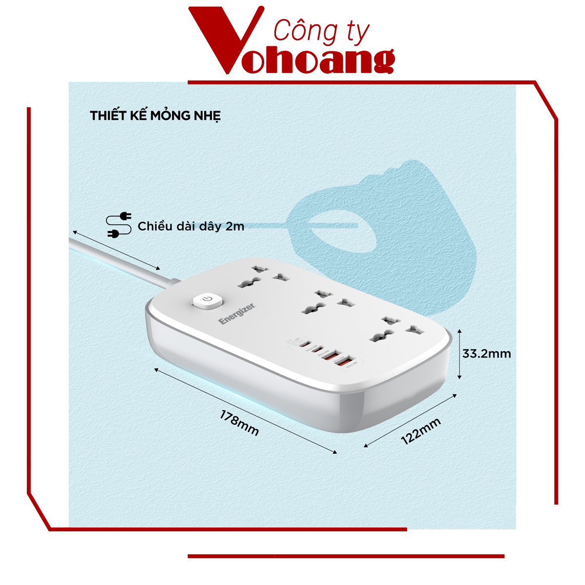 [Mỹ] Ổ cắm điện Energizer đa năng 3AC kèm 2USB-A và 2USB-C sạc nhanh PD (max PD 65W) - Energizer EPB3250W00EU