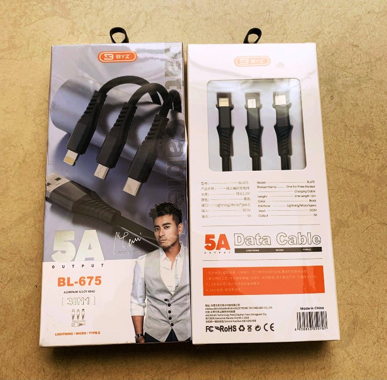 Cáp sạc đa năng BYZ BL-675 dây dù 3 đầu: Micro usb, Type C, Light - Dây dài 1,2 mét - Hàng chính hãng