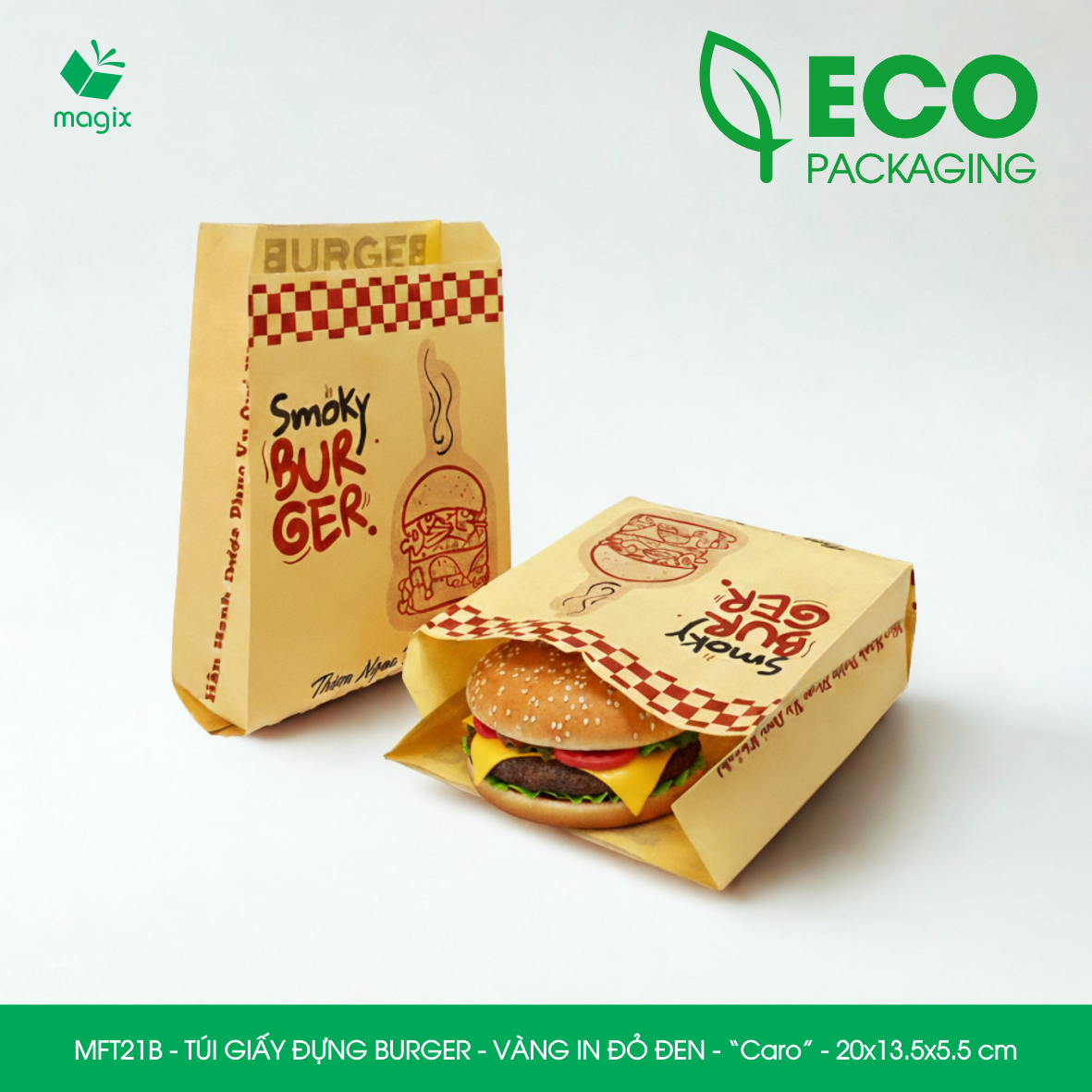 MFT21B - 20x13.5x5.5 cm - 500 Túi giấy Kraft đựng hamburger, túi giấy burger, túi đựng thực phẩm