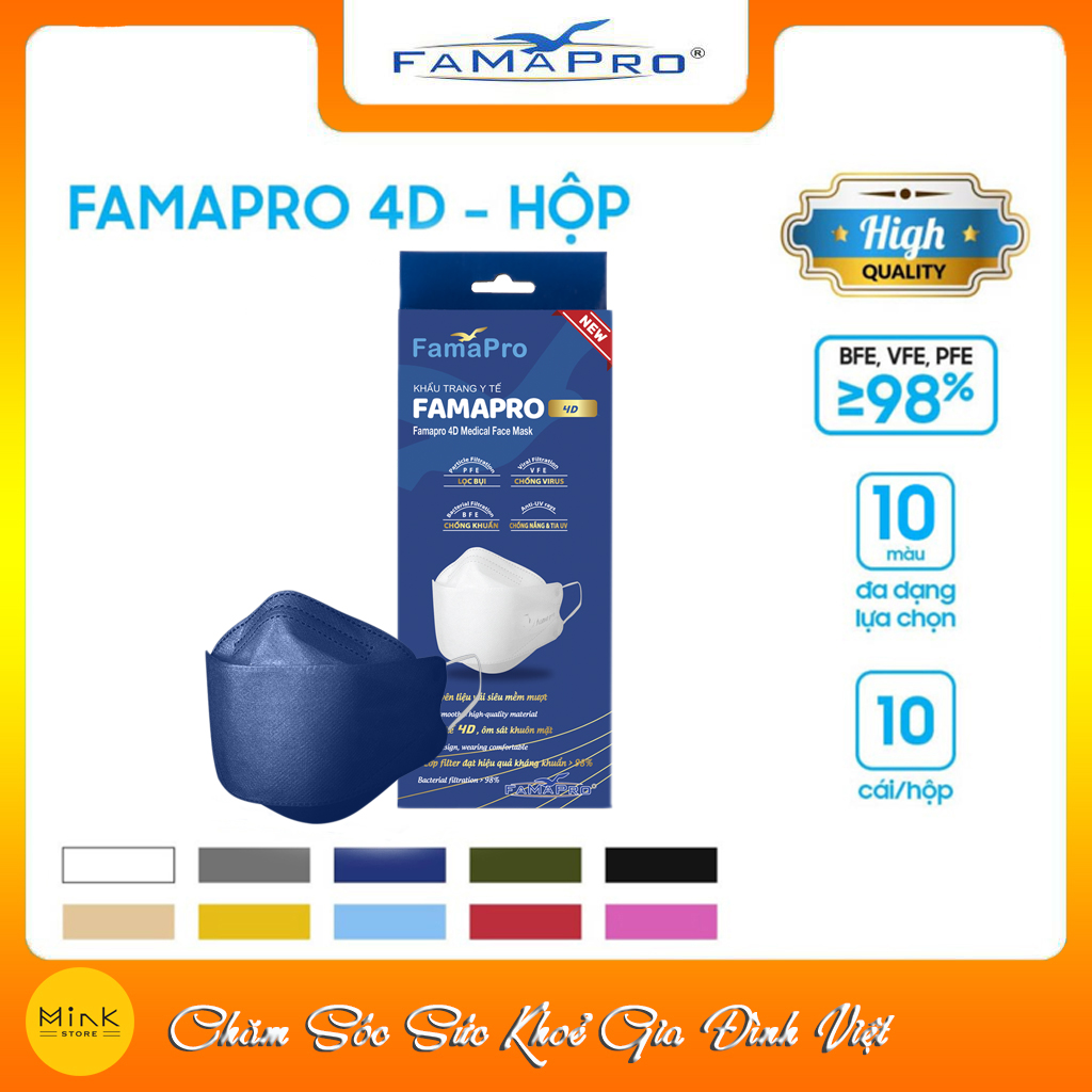 HỘP – FAMAPRO 4D – Khẩu trang y tế kháng khuẩn cao cấp Famapro 4D tiêu chuẩn KF94 10 cái hộp – XANH NAVY – 1 HỘP