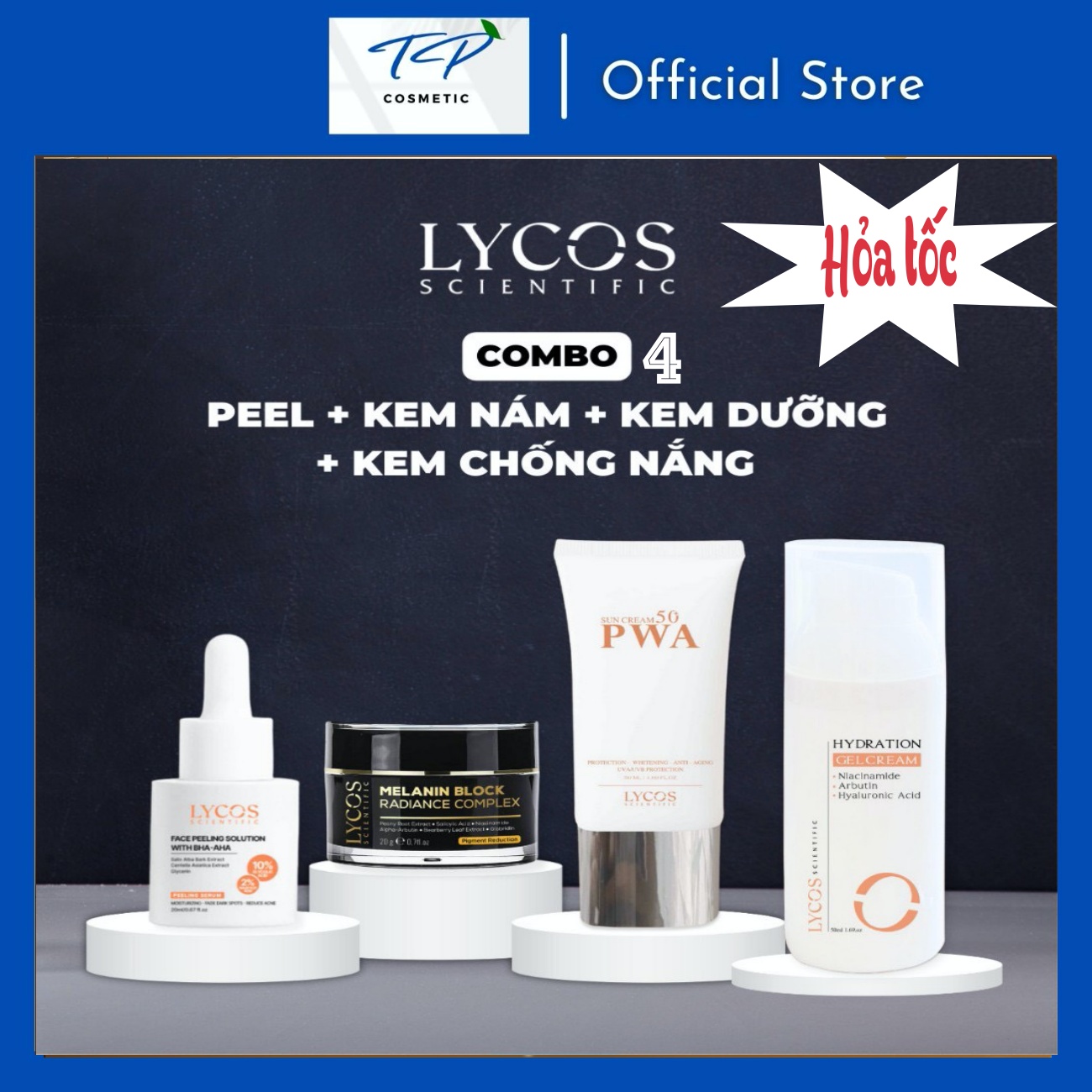 Combo 4 Sáng Da Mờ Nám Lycos: Peel Da Lycos + Kem Nám Lycos + Dưỡng ẩm Lycos + Kem Chống nắng Lycos