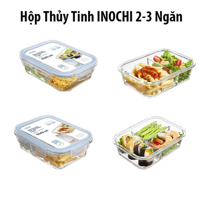 Hộp Thủy Tinh Chia Ngăn Đựng Thức Ăn , Thực Phẩm - Đựng Cơm Văn Phòng Tiện Lợi 2 Ngăn - 3 Ngăn Chữ Nhật