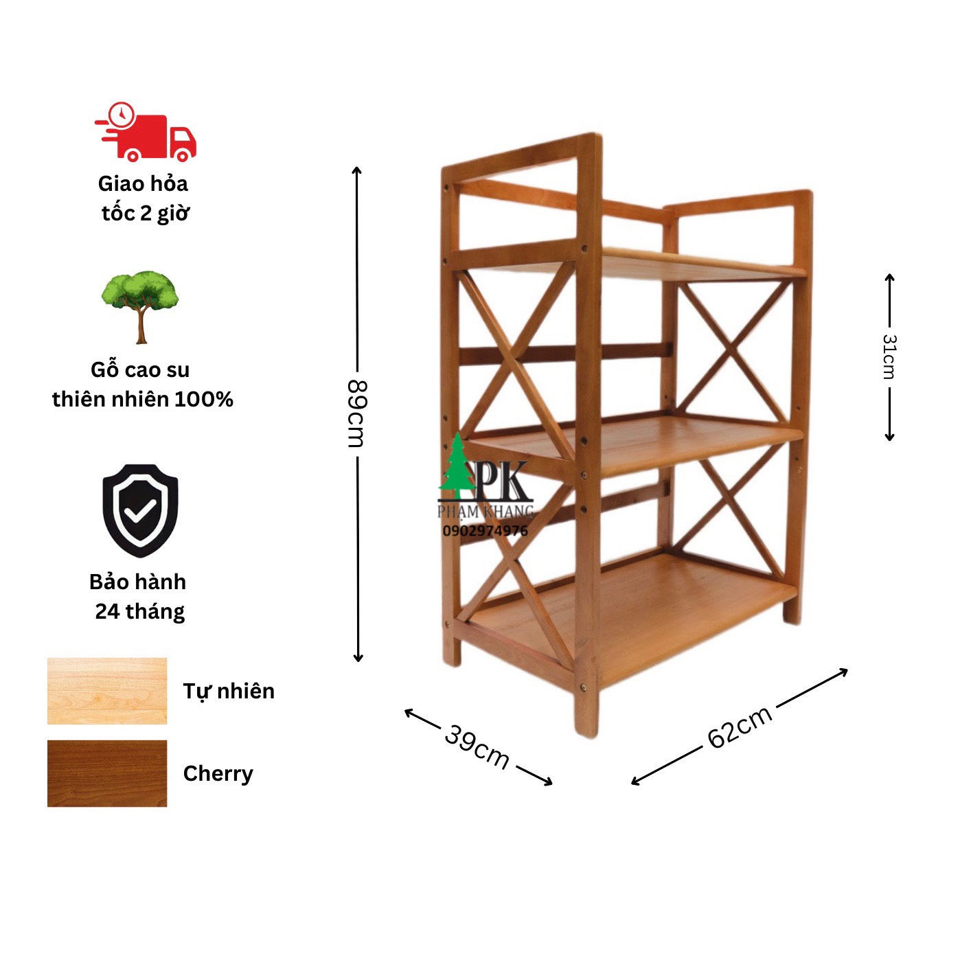 Kệ gỗ lò vi sóng 3 tầng/ 4 tầng/ 5 tầng Phạm Khang - Gỗ cao su màu Gỗ Tự Nhiên/ Vàng Cherry - Kích thước rộng 62 cm