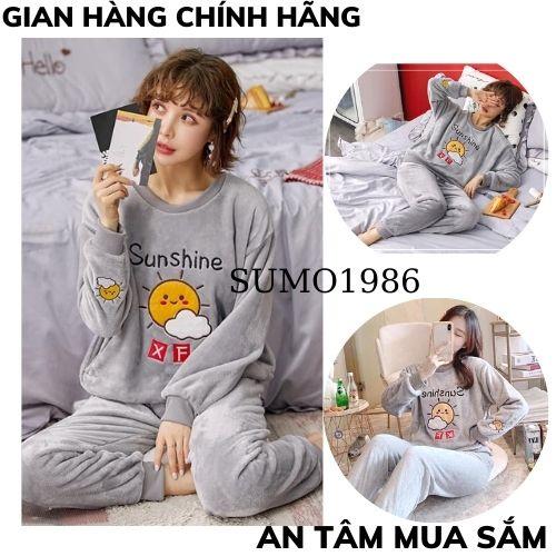 Bộ ngủ lông thêu chữ sunshine mùa đông. Đồ bộ mặc nhà siêu ấm mềm mịn màu xám thời trang Hàn Quốc. Bộ ngủ nữ