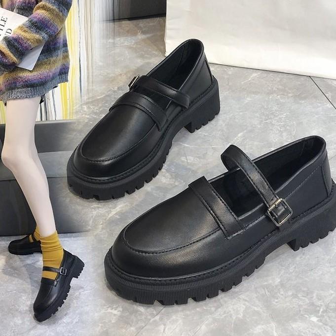 Giày búp bê nữ hàn quốc mũi tròn gót trung có dây khóa
