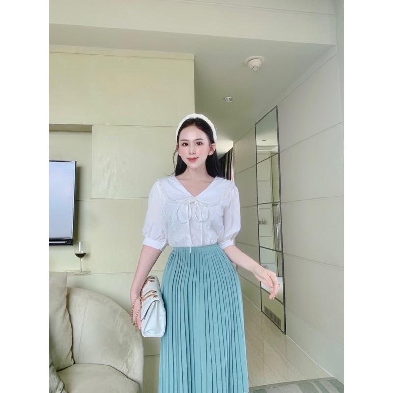 044 - SET ÁO TRẮNG VIỀN REN CHÂN VÁY XANH DẬP LI