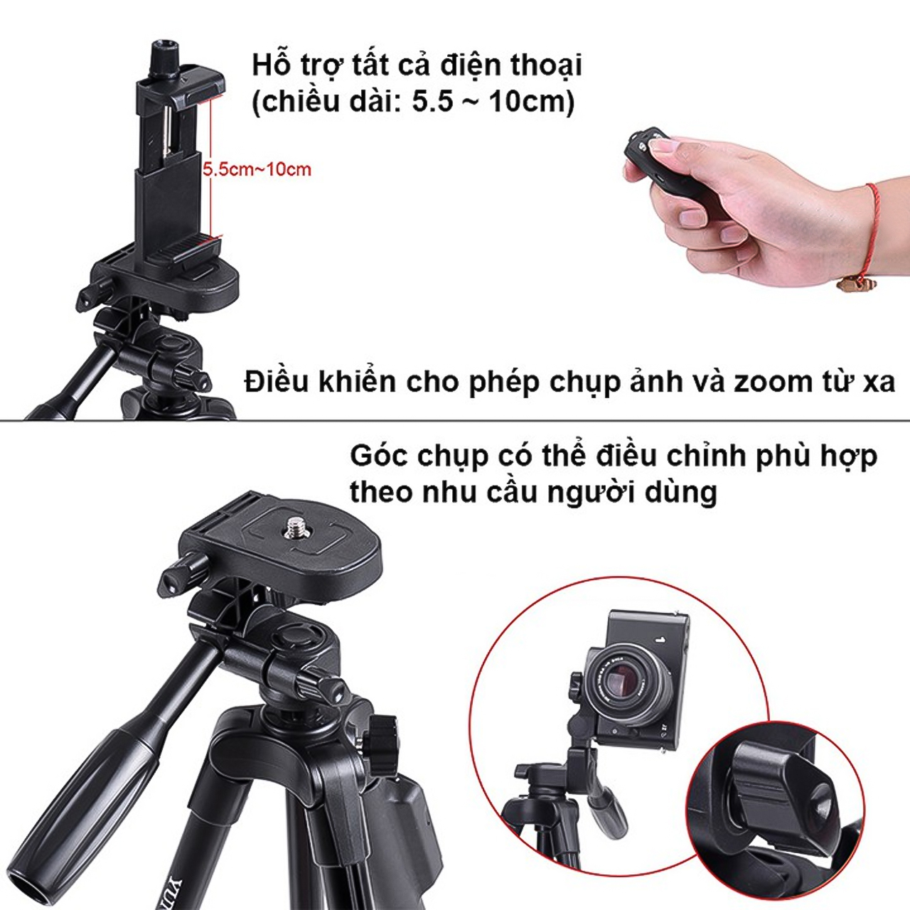 Tripod 3 chân Vinetteam YT VCT 5208 dùng để livestream tặng giá đỡ kẹp điện thoại, remote có túi đựng - hàng chính hãng