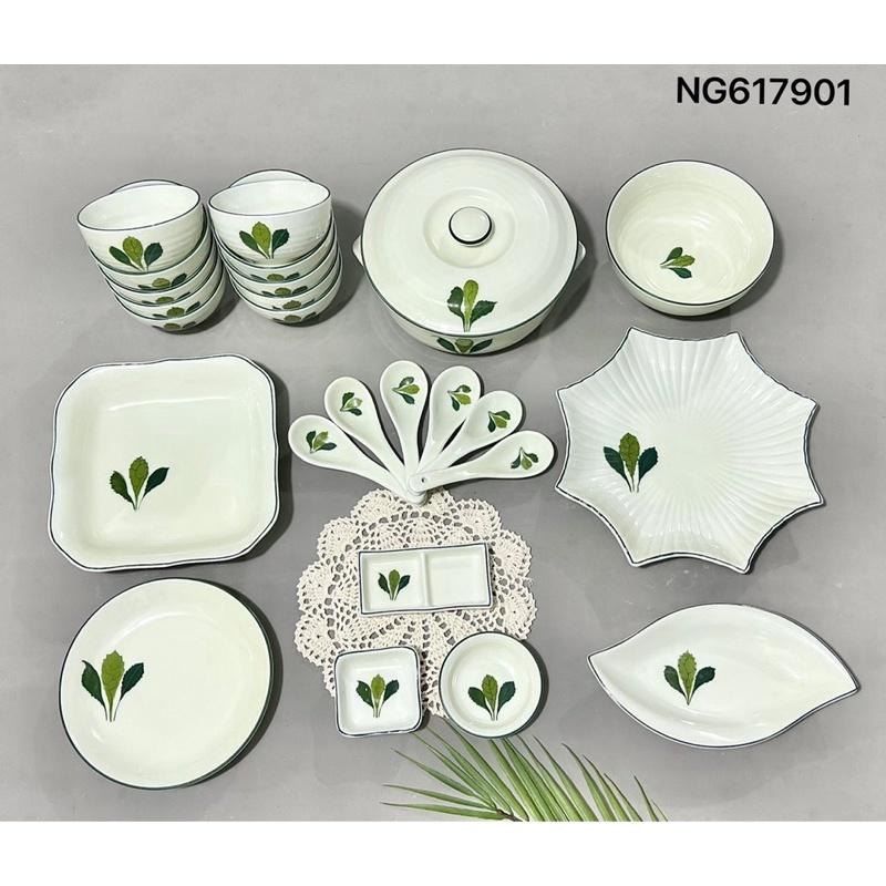 Bộ bát đĩa 23-25 món, men kem. Gốm sứ Bát Tràng.