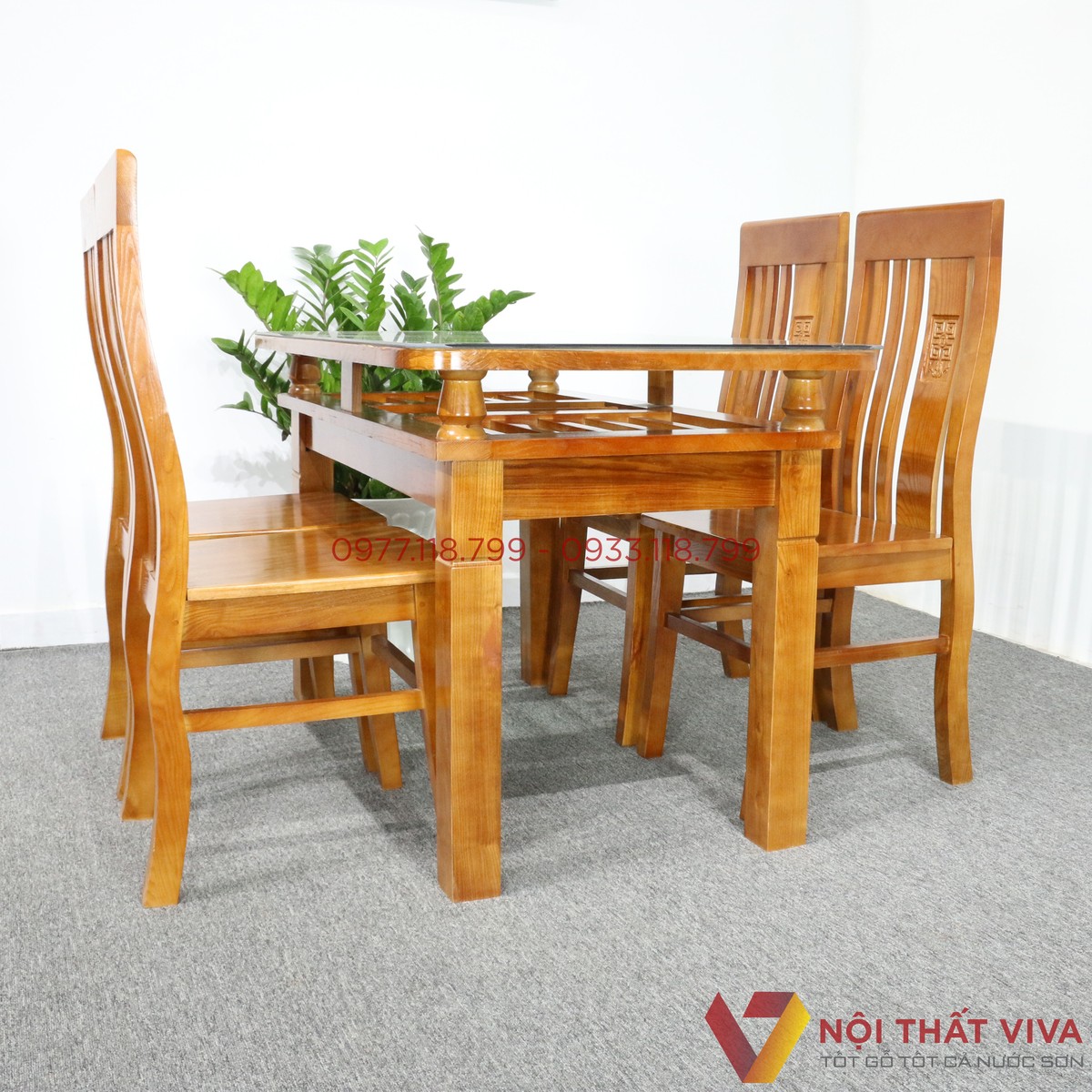 Bộ Bàn Ăn Gỗ Sồi 2 Tầng 4 Ghế Màu Cánh Gián