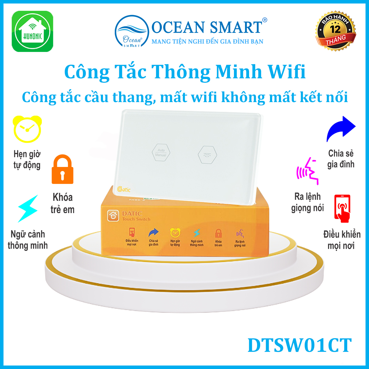 Công Tắc Cầu Thang Cảm Ứng, Công Tắc Wifi Thông Minh Hunonic Datic - DTSW01CP