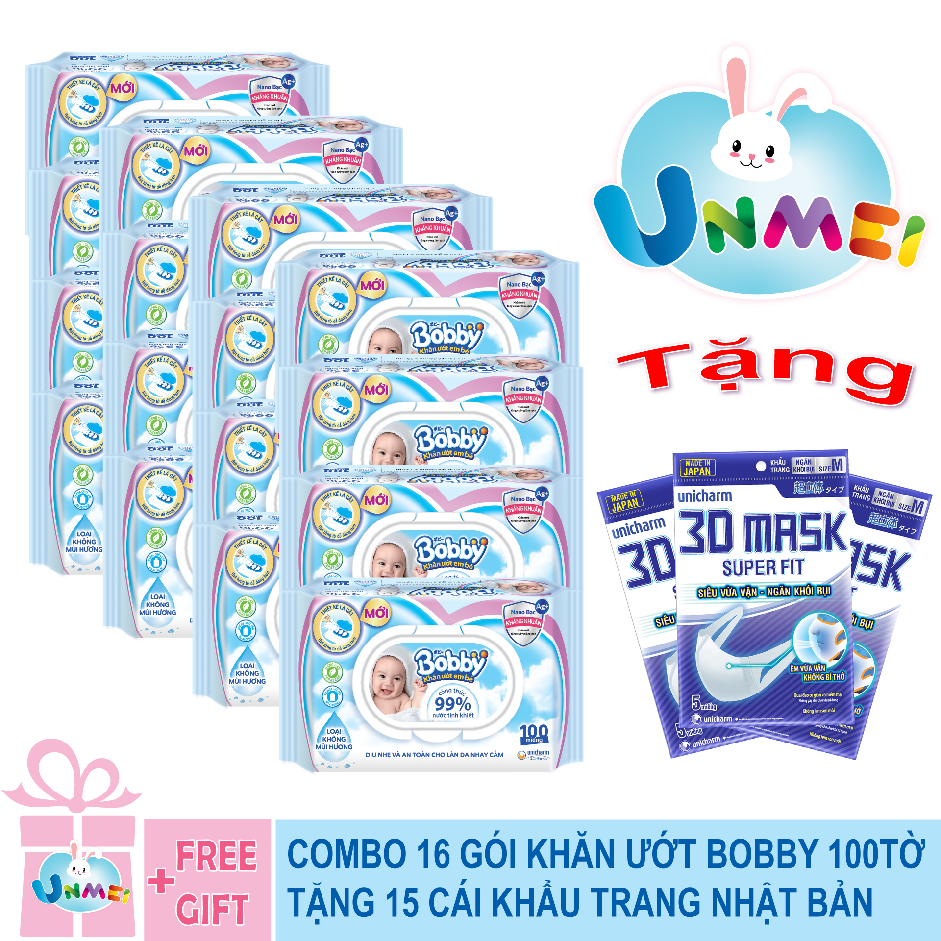 Combo Tiết Kiệm: Thùng 16 Gói Khăn Ướt Bobby Care Không Hương 100 Miếng/Gói tặng 15 khẩu trang Unicharm Nhật Bản