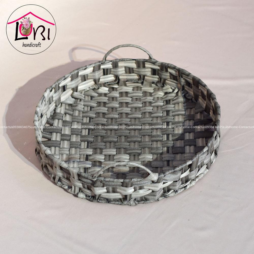 Lubihandicraft - Khay tròn đựng đồ đan dây nhựa xám trắng - xinh xắn