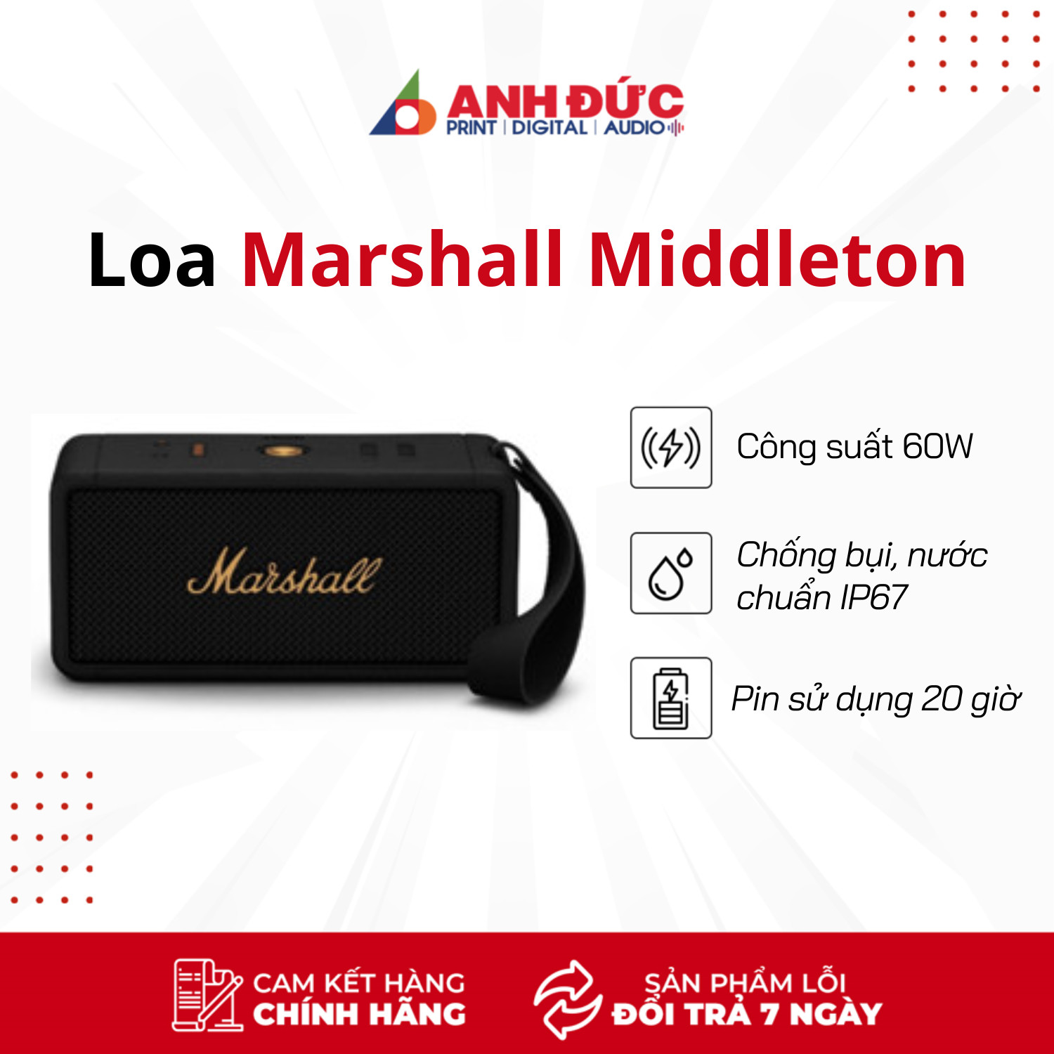 Loa Bluetooth Marshall Middleton (Công suất 60W, Pin 20h) - Hàng Chính Hãng ASH