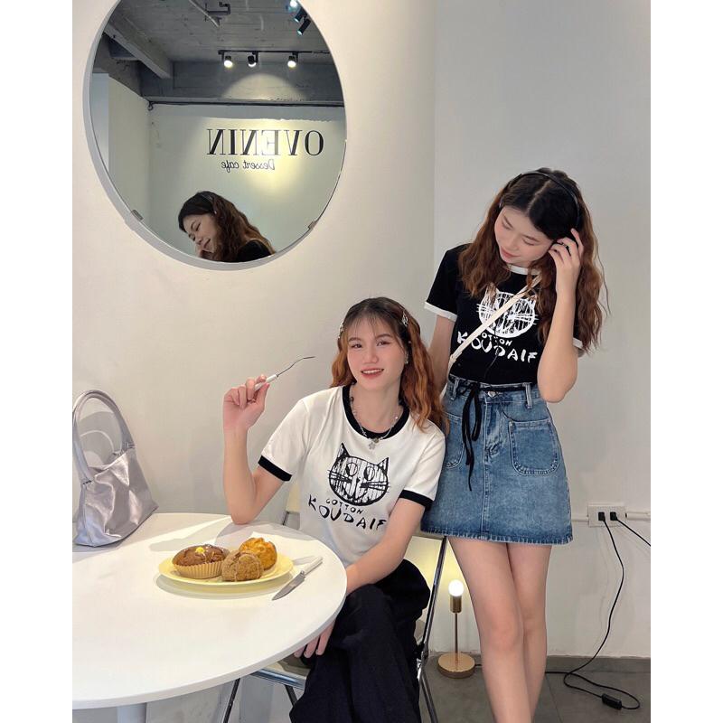 Áo phông nữ croptop dáng ngắn viền màu hình con mèo dây buộc sau a238708 germe