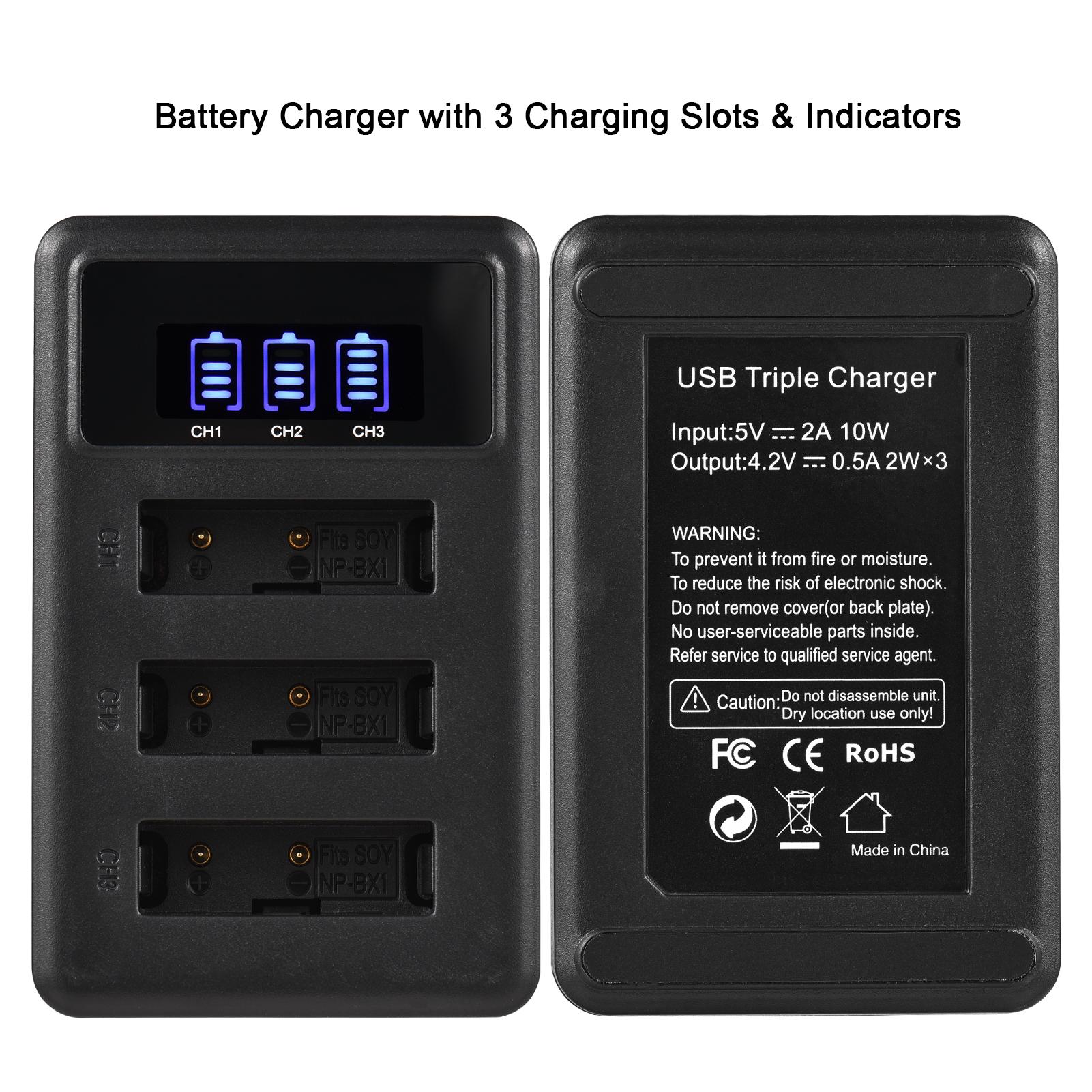 NP-BX1 Battery Charger 3-Slot with LED Indicators + 3pcs NP-BX1 Batteries 3.6V 1350mAh with USB Charging Cable Replacement for Sony DSC-RX100/DSC-RX100 II/DSC-RX100M II/DSC-RX100 III/DSC-RX100 IV/DSC-RX100 V VII/ZV-1