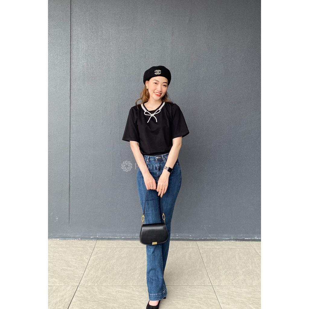 Áo thun kiểu đính nơ phụ kiện cao cấp, nữ tính, trendy, dáng rộng - Peony