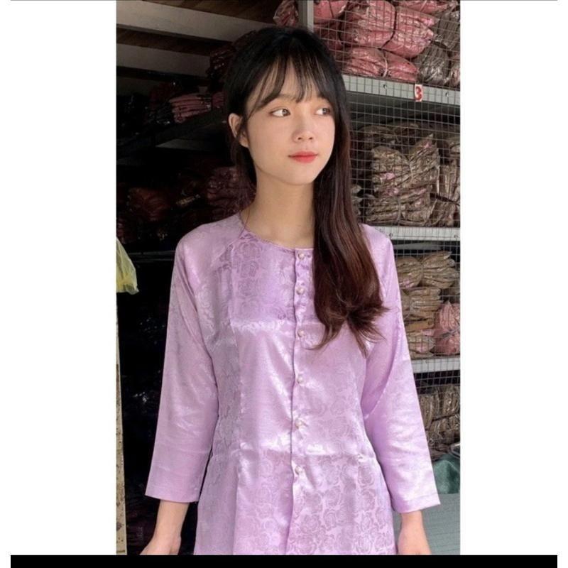 Bà Ba Gấm Cả Bộ - Quần Đen Phi Lụa - Áo Lụa Gấm Hoa Văn, Tay Dài Nút ngọċ Trai - Hồng Dâu( quần đen)